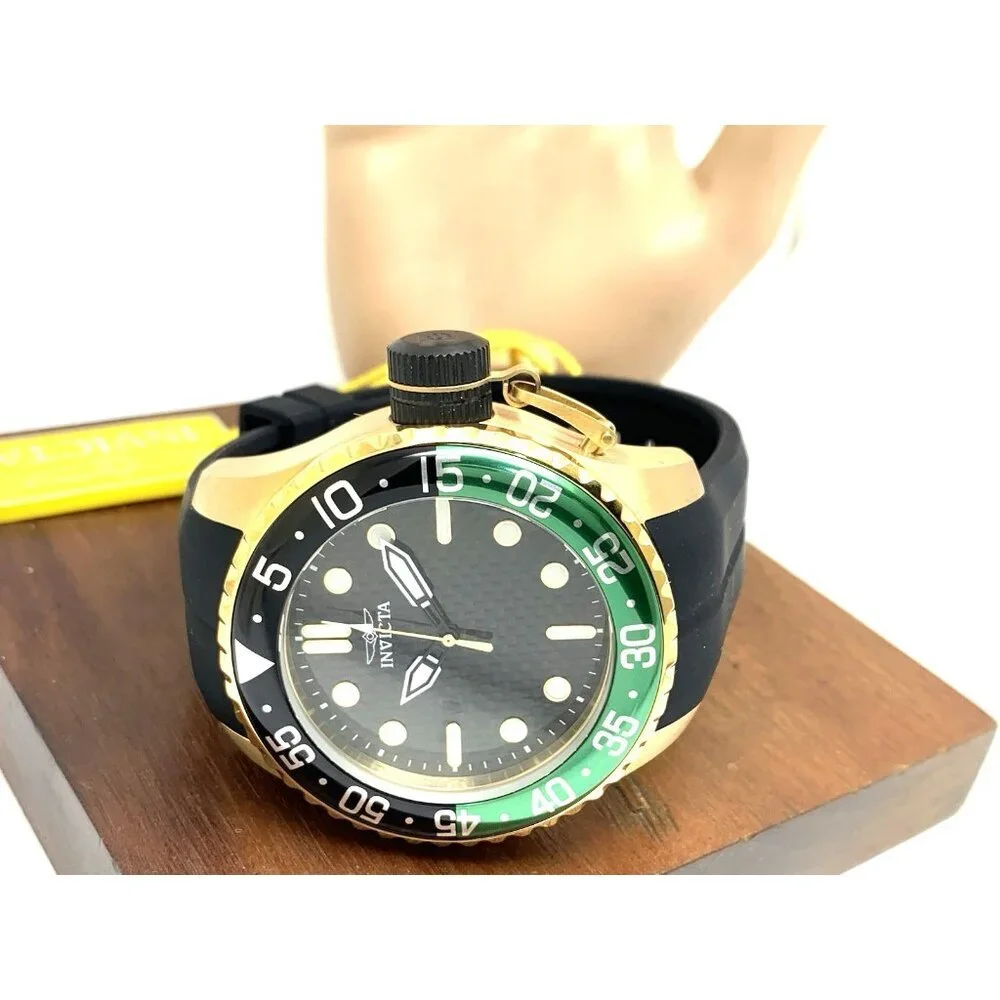 Invicta Men's Watch 35661 Pro Diver Quartz Gold Black Green Bezel Rubber Band